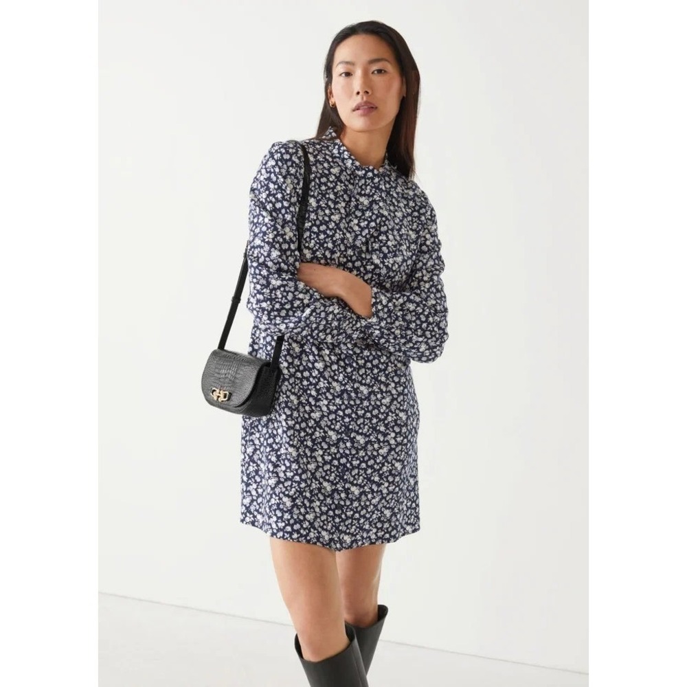 Paris Atelier &other Stories Dress Size 0 Scarf Collar Mini Dress Blue Fruit
